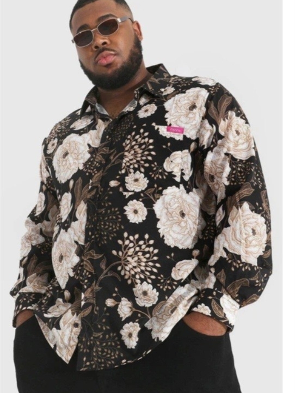 MAN  Black Floral  Button-up  Shirt with Cream Floral Print 5XL